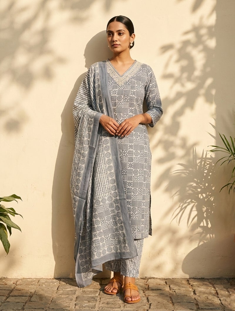trueBrowns Grey Print Embroidered Straight Kurta Pant Dupatta Set - Image 1